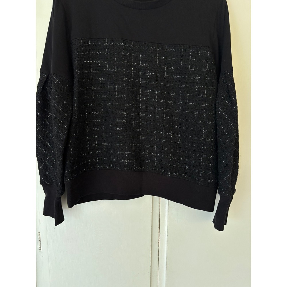 Karl Lagerfeld Paris Womens Black Mixed Media Tweed Sweatshirt Metallic Logo L - Picture 3 of 9
